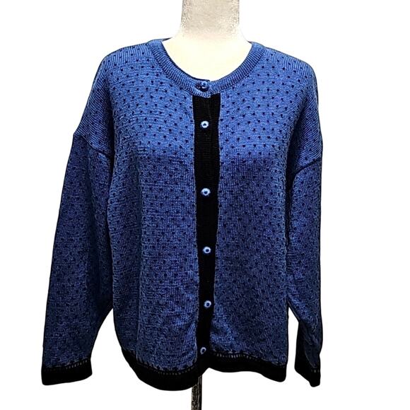 Apleks Women 100% Wool Button Front Scandinavian Blue Cardigan Sweater Size L/XL - Picture 1 of 8